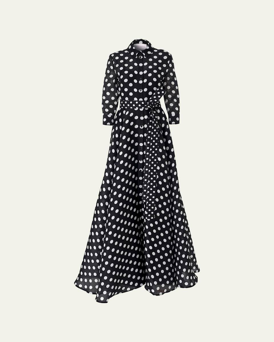 Polka-Dot Silk 3/4-Sleeve Trench Gown